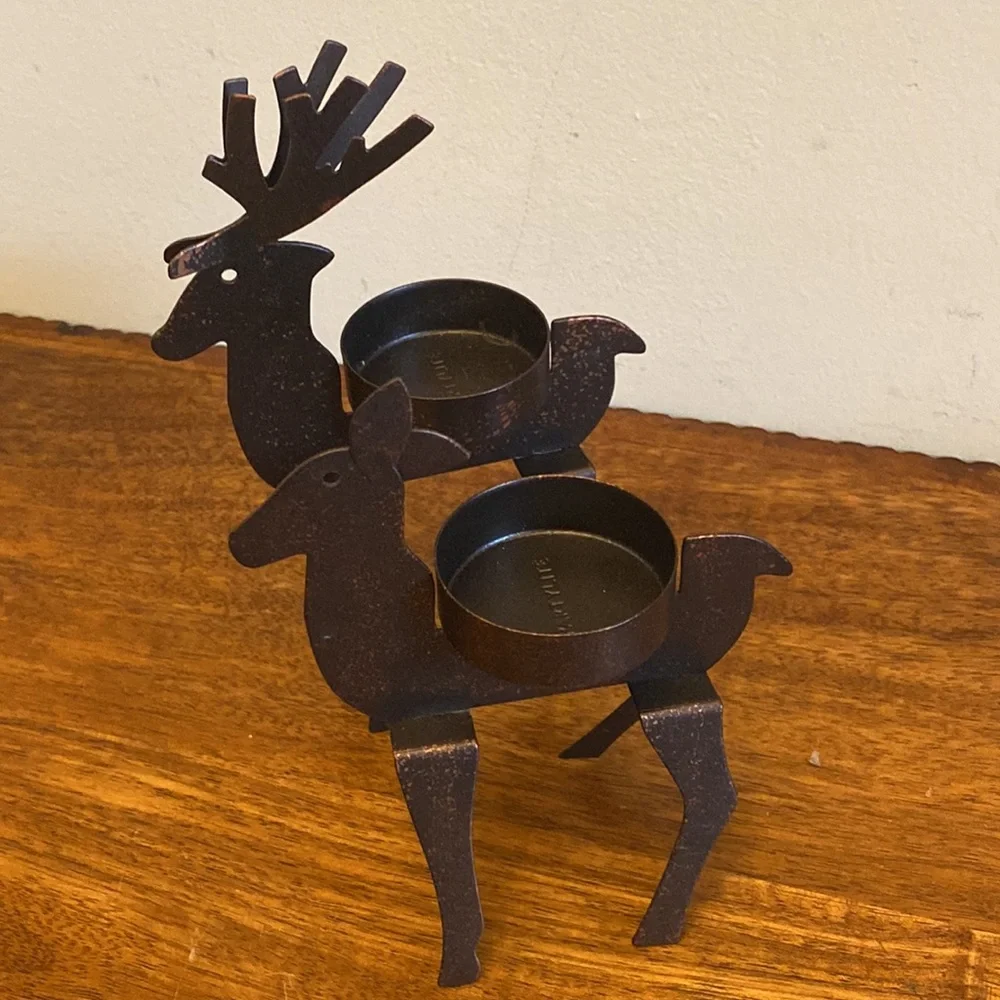 Vintage PartyLite Metal Deer Candle Holders Pair Bronze Buck & Doe Set
